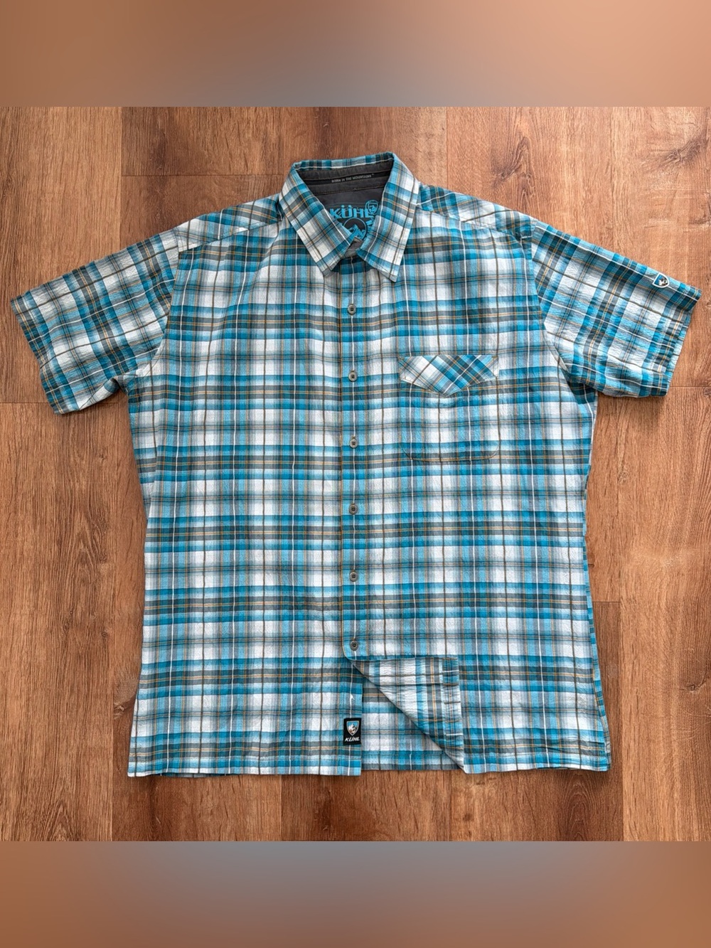 Kuhl Mens Large Short Sleeve Button Up Shirt Blue Plaid Seersucker Hiking